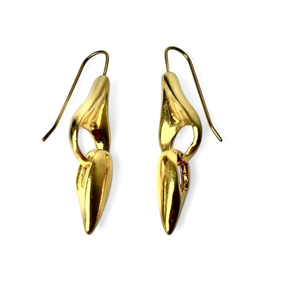 Dangle Earrings Gold Tone Post Double Drop Polished Shiny Pierced Hook Artistic - Picture 3 of 7